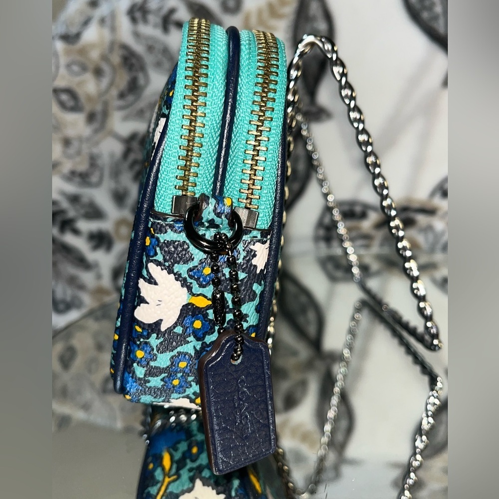 Coach NY, Yankee Floral Print Canvas Crossbody Clutch Bag Purse Teal - Picture 6 of 16